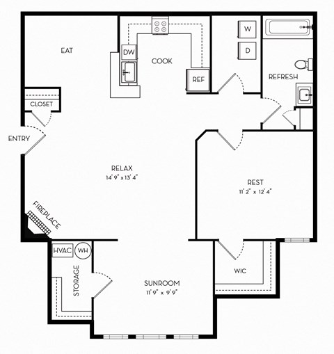 Floor plan for 1 bed, 1 bath, 914 sqft